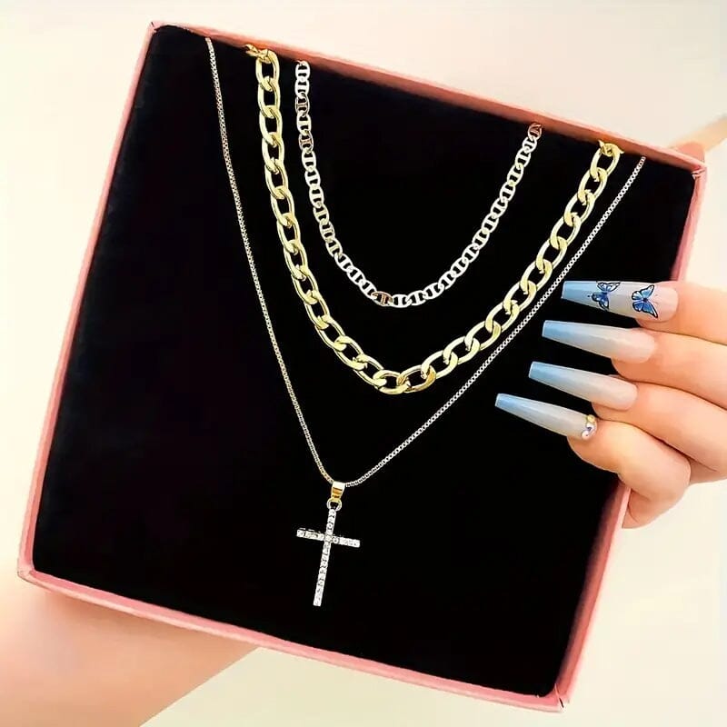 3-Piece: Women's Retro Luxury Artificial Crystal Cross Stackable Necklace Set Necklaces - DailySale