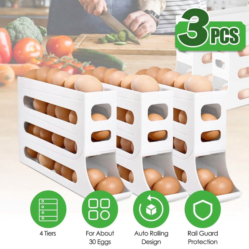 3-Pieces: 4-Tiers Egg Holder Auto Rolling Fridge Egg Organizer Kitchen Storage - DailySale
