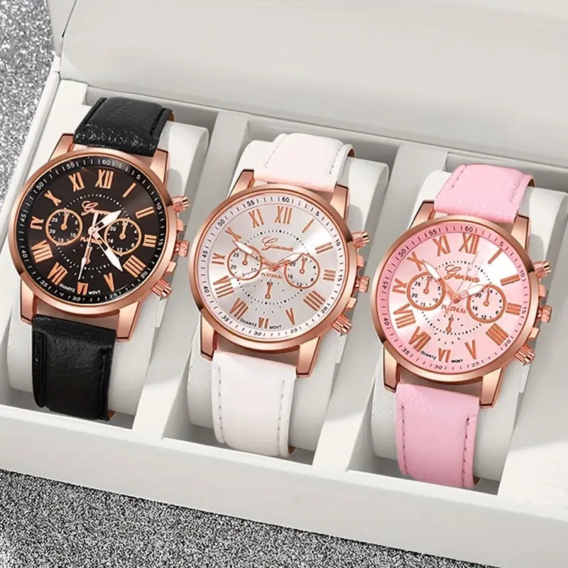 3-Pieces: Roman Quartz Women's Watches - Fashionable Round Dial with Faux Leather Strap Women's Shoes & Accessories - DailySale