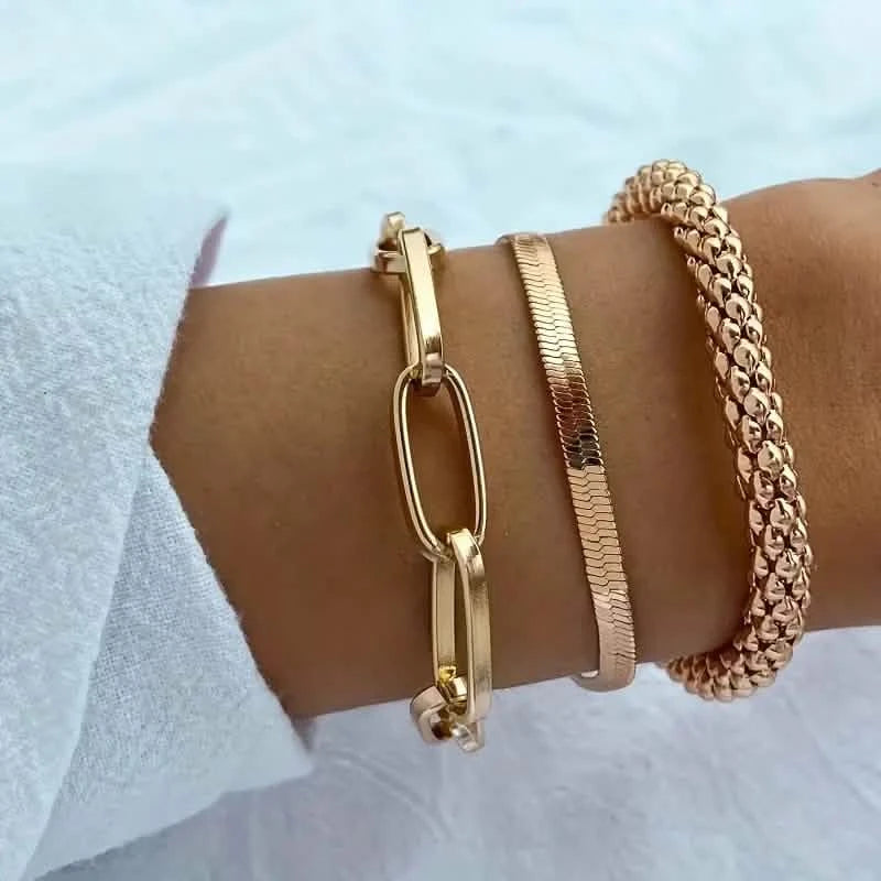 3-Pieces Set: Vintage Golden Color Snake Bone Chain Multilayer Bracelet Bracelets - DailySale