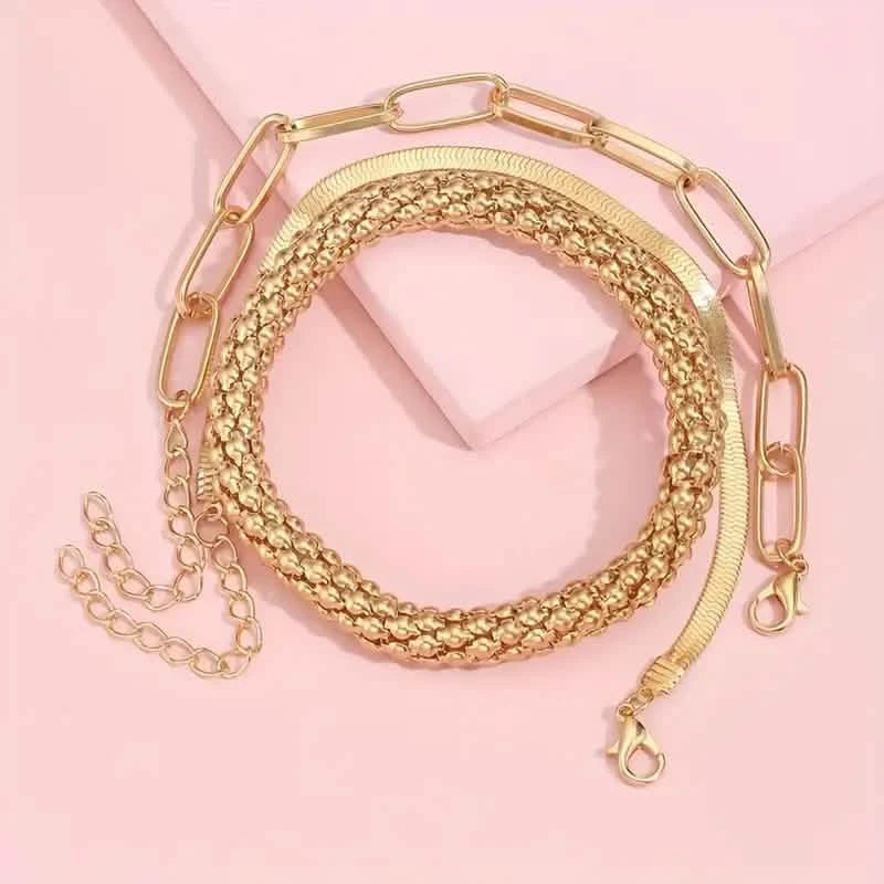3-Pieces Set: Vintage Golden Color Snake Bone Chain Multilayer Bracelet Bracelets - DailySale