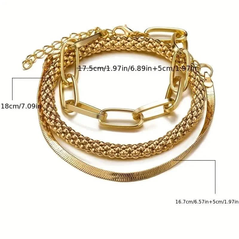 3-Pieces Set: Vintage Golden Color Snake Bone Chain Multilayer Bracelet Bracelets - DailySale