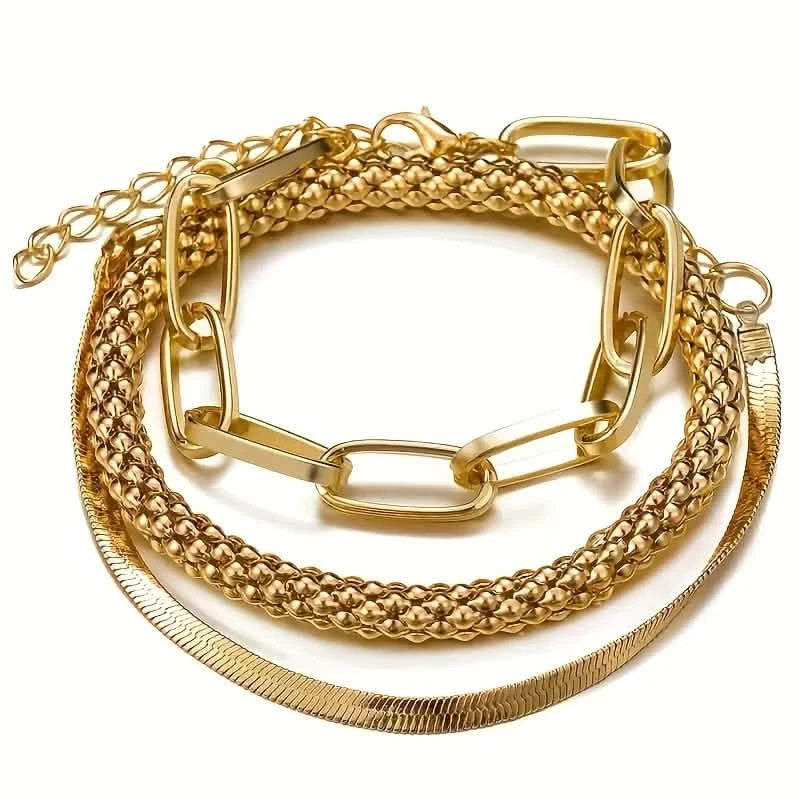 3-Pieces Set: Vintage Golden Color Snake Bone Chain Multilayer Bracelet Bracelets Gold - DailySale