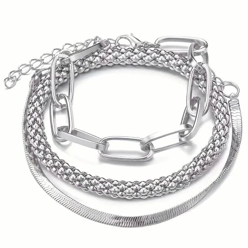 3-Pieces Set: Vintage Golden Color Snake Bone Chain Multilayer Bracelet Bracelets Silver - DailySale