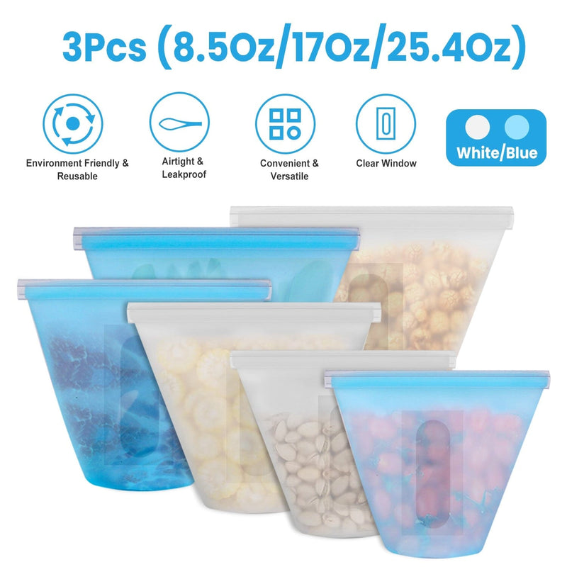 3-Pieces: Silicone Food Storage Bags Reusable Leakproof Food Container Set with 3 Seals Kitchen Storage - DailySale