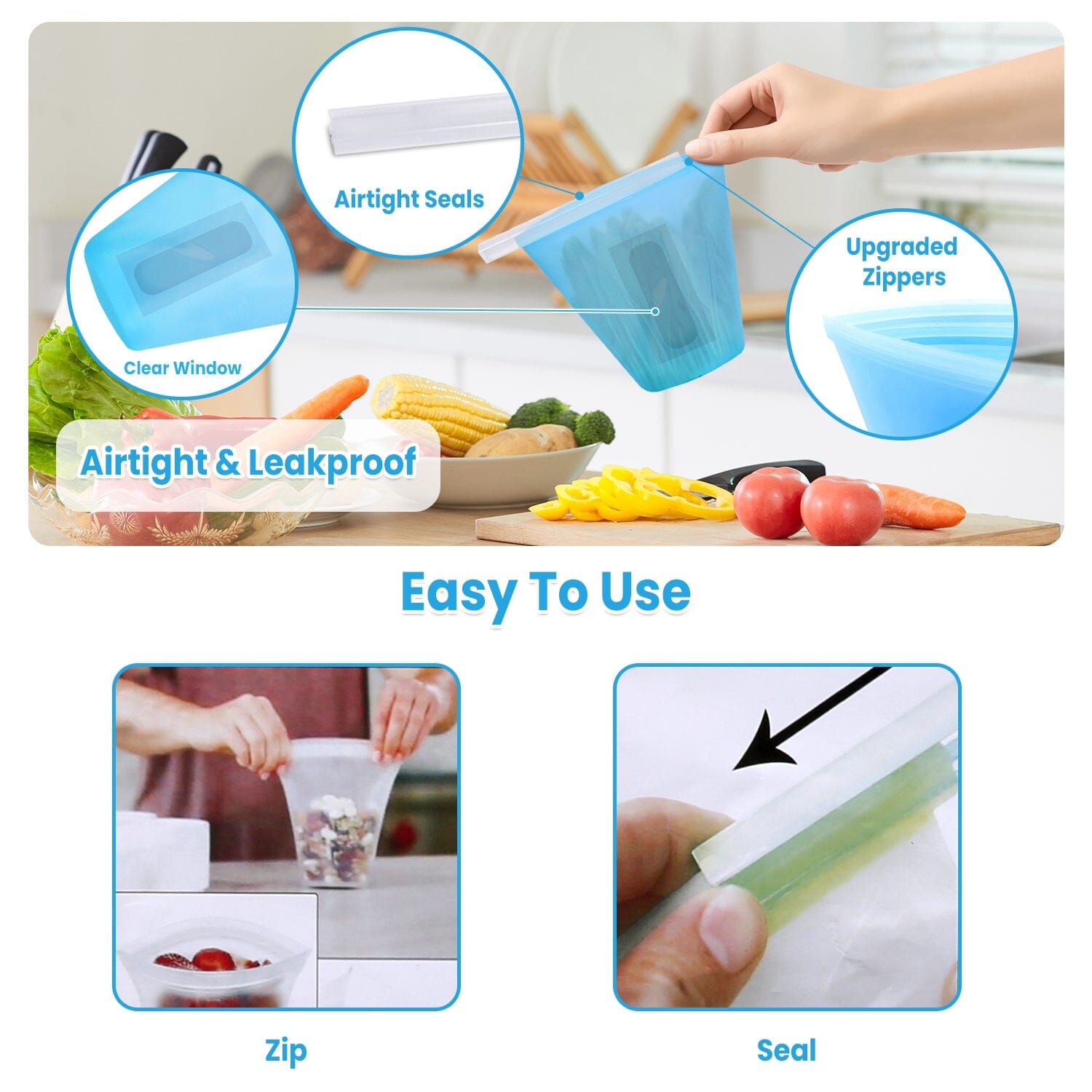 3-Pieces: Silicone Food Storage Bags Reusable Leakproof Food Container Set with 3 Seals Kitchen Storage - DailySale