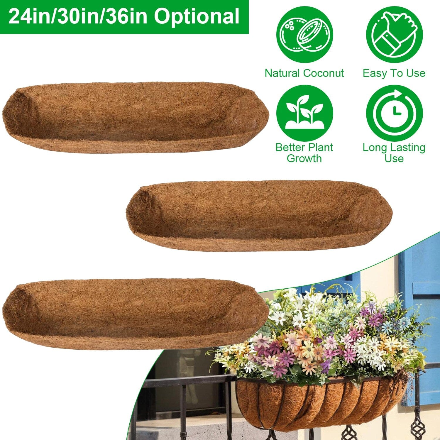 3-Pieces: Trough Coco Basket Half Moon Planter Replacement Garden & Patio - DailySale