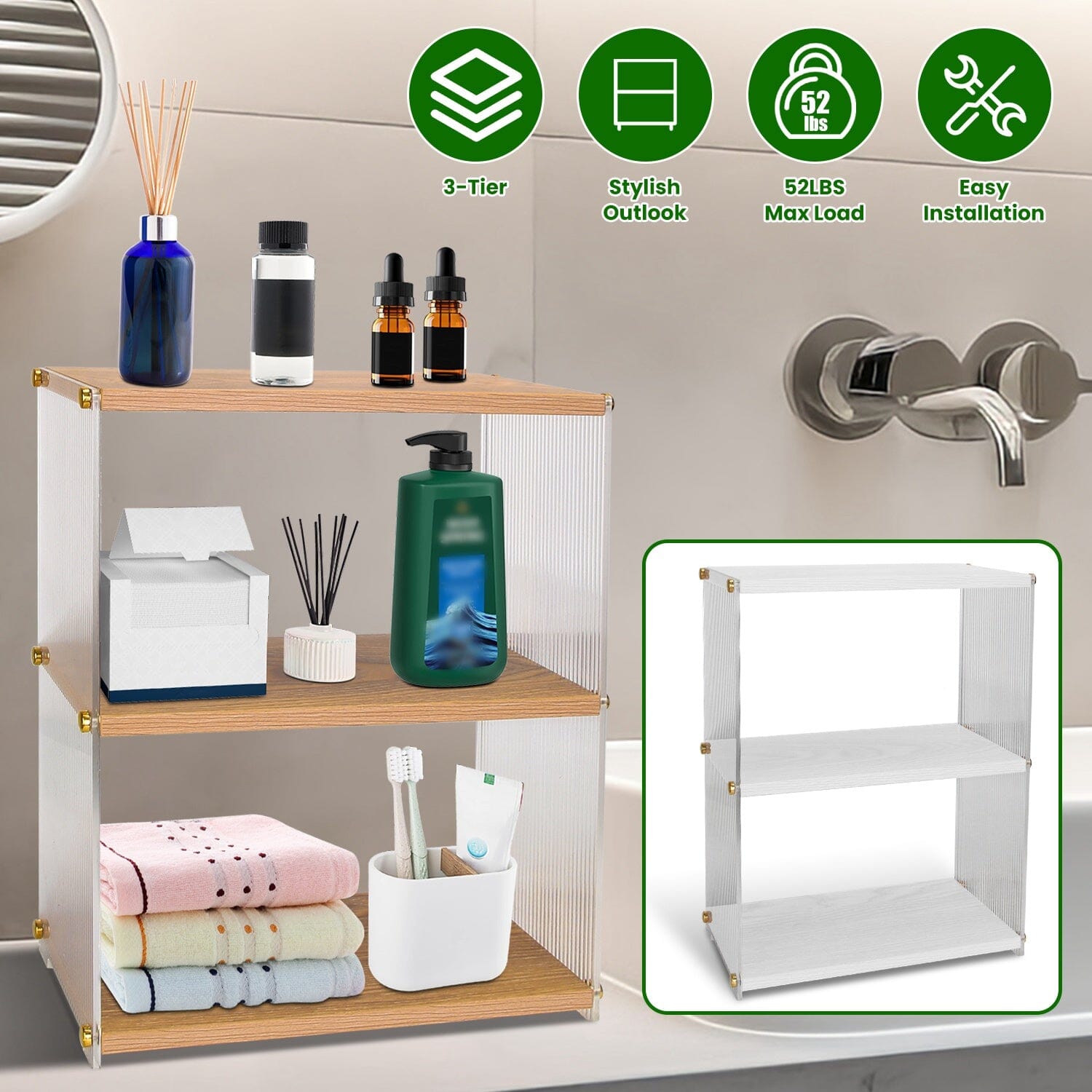 3-Tier: Acrylic Countertop Organizer Bathroom Wood Counter Storage Closet & Storage - DailySale