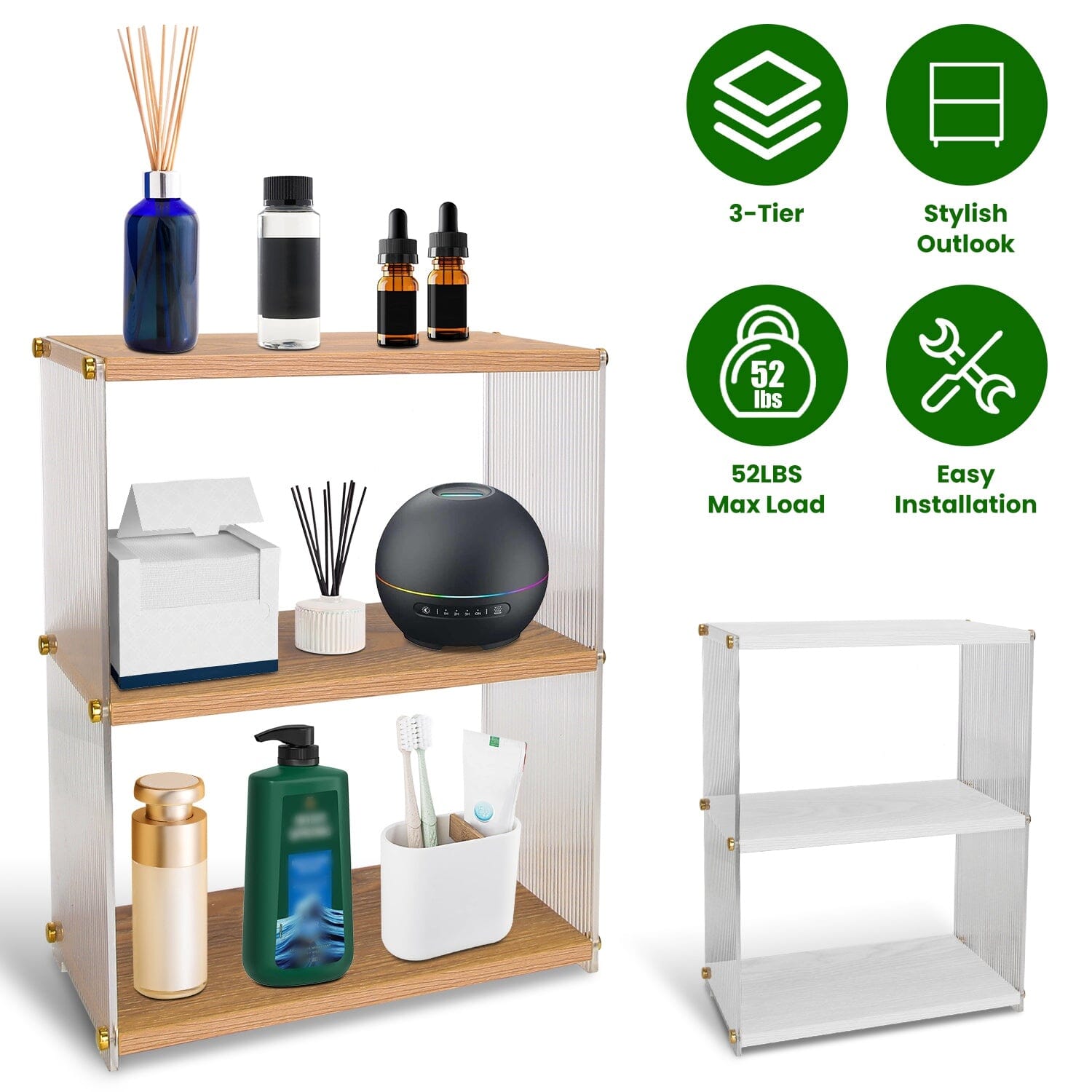 3-Tier: Acrylic Countertop Organizer Bathroom Wood Counter Storage Closet & Storage - DailySale