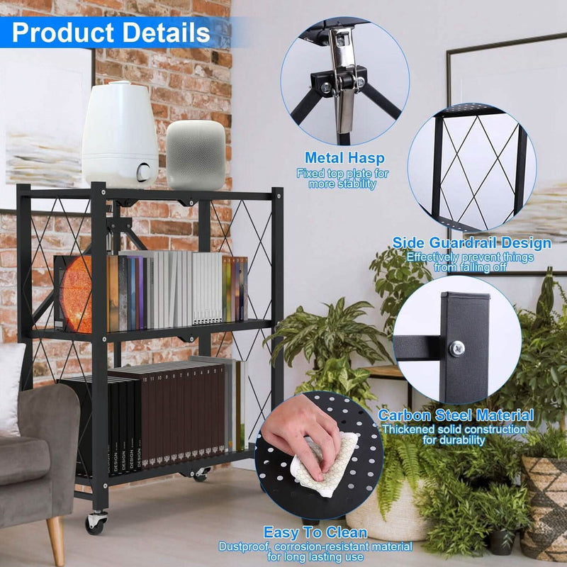 3-Tier Foldable Storage Shelf with Lockable Wheels No Assembly Kitchen Storage - DailySale