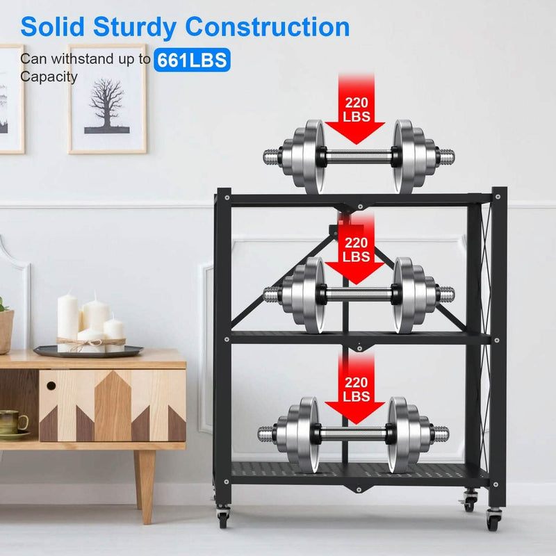 3-Tier Foldable Storage Shelf with Lockable Wheels No Assembly Kitchen Storage - DailySale