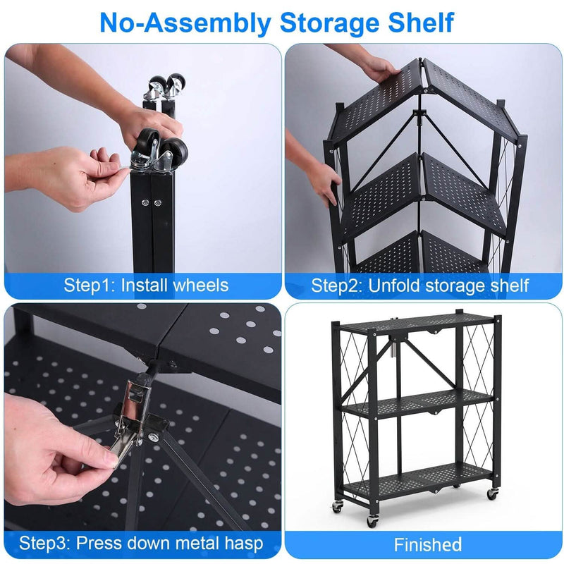 3-Tier Foldable Storage Shelf with Lockable Wheels No Assembly Kitchen Storage - DailySale