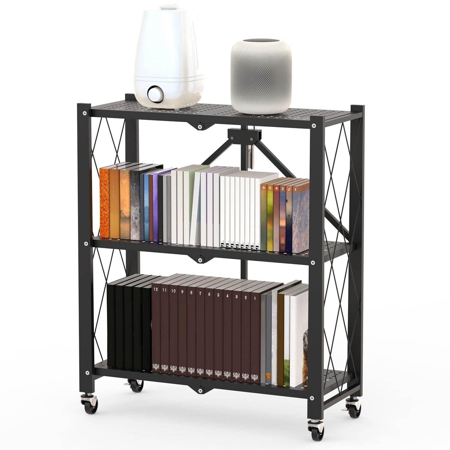 3-Tier Foldable Storage Shelf with Lockable Wheels No Assembly Kitchen Storage - DailySale