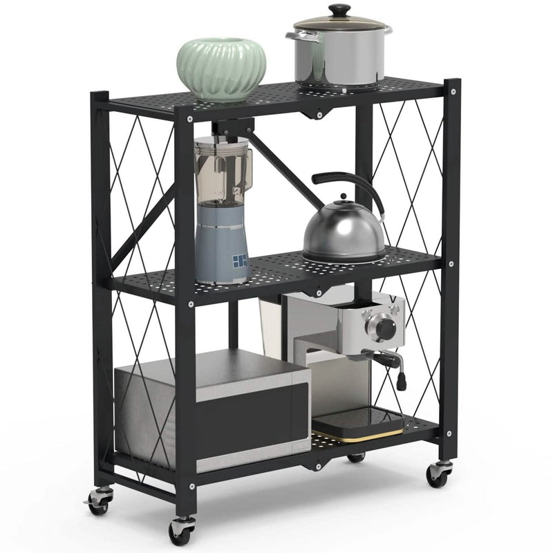 3-Tier Foldable Storage Shelf with Lockable Wheels No Assembly Kitchen Storage - DailySale