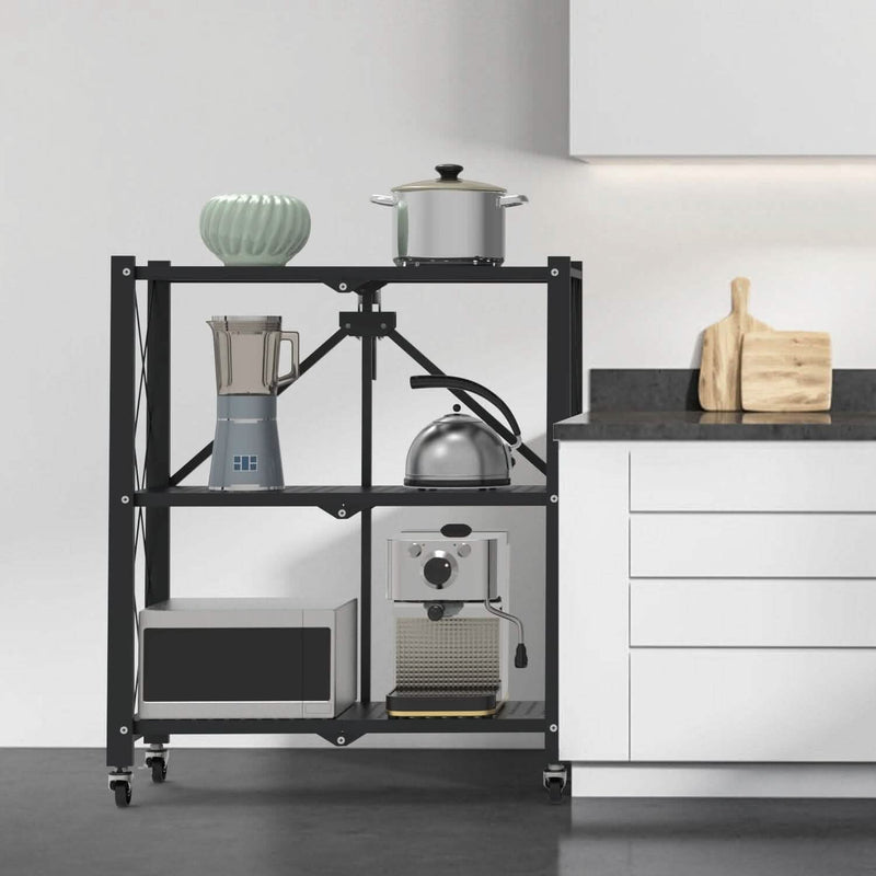 3-Tier Foldable Storage Shelf with Lockable Wheels No Assembly Kitchen Storage - DailySale