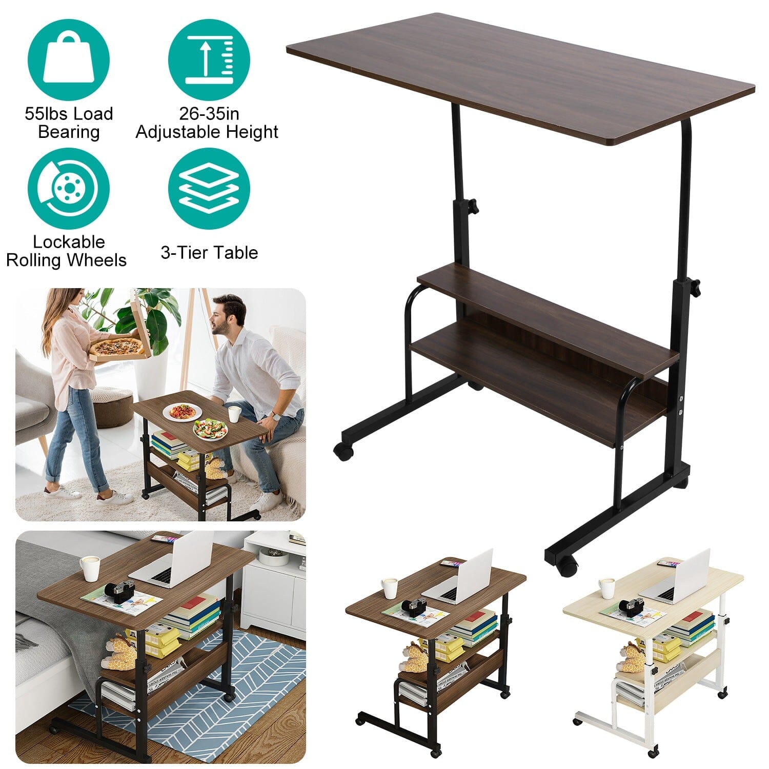 3-Tier Height Adjustable Laptop Desk with Rolling Wheels Computer Accessories - DailySale