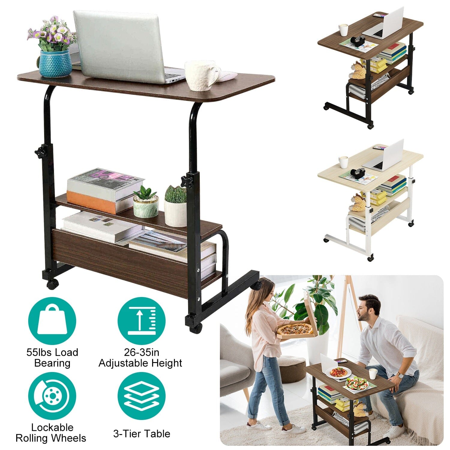 3-Tier Height Adjustable Laptop Desk with Rolling Wheels Computer Accessories - DailySale