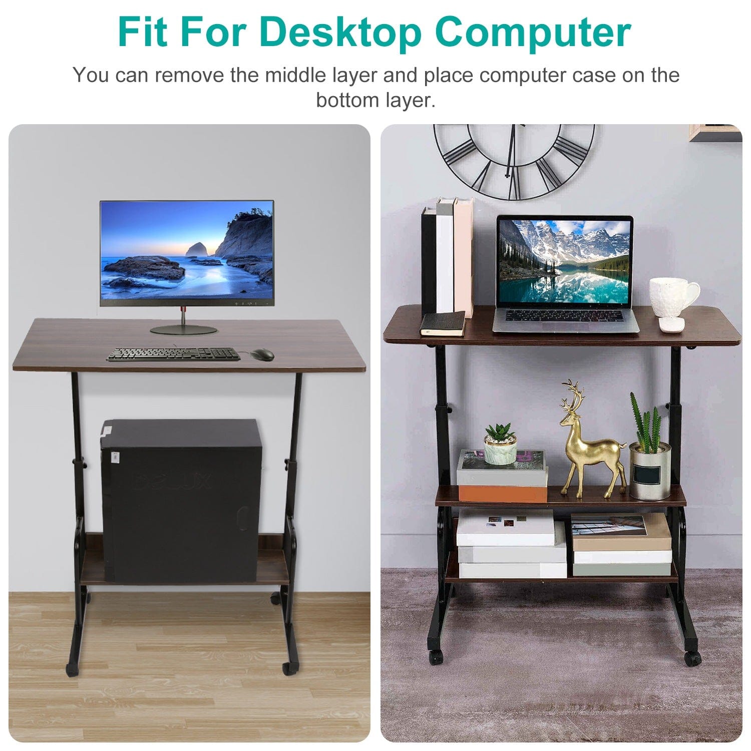 3-Tier Height Adjustable Laptop Desk with Rolling Wheels Computer Accessories - DailySale