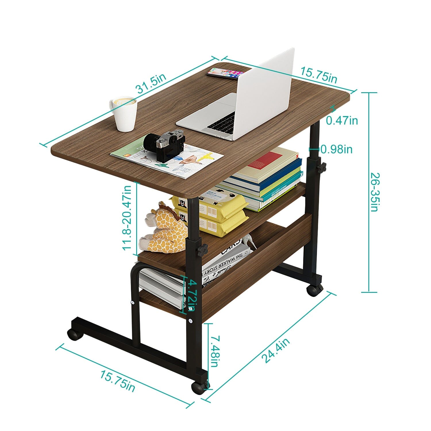 3-Tier Height Adjustable Laptop Desk with Rolling Wheels Computer Accessories - DailySale