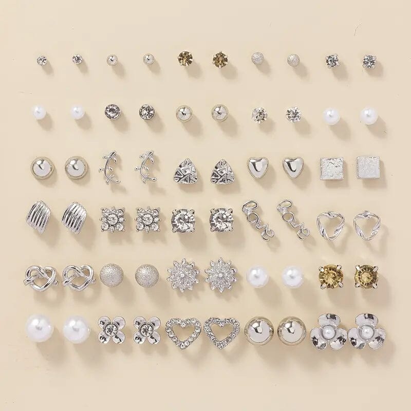 30-Pairs: Alloy Full Rhinestones Love Round Faux Pearl Letter Stud Earrings Set Earrings - DailySale