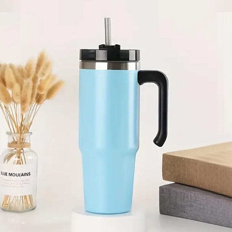 30.5 Oz 304 Stainless Steel Double Vacuum Portable Travel Cup with Handle and Straw Sports & Outdoors Blue - DailySale