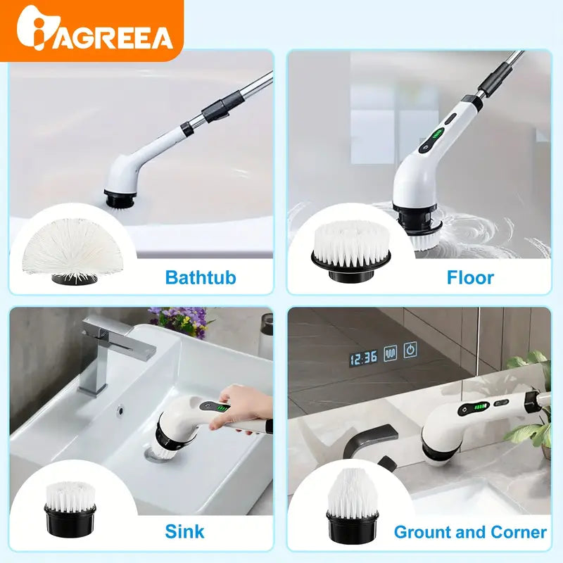 Electric Rotary Scrubber with Replaceable 8 Brush Heads and Adjustable Extension Handle