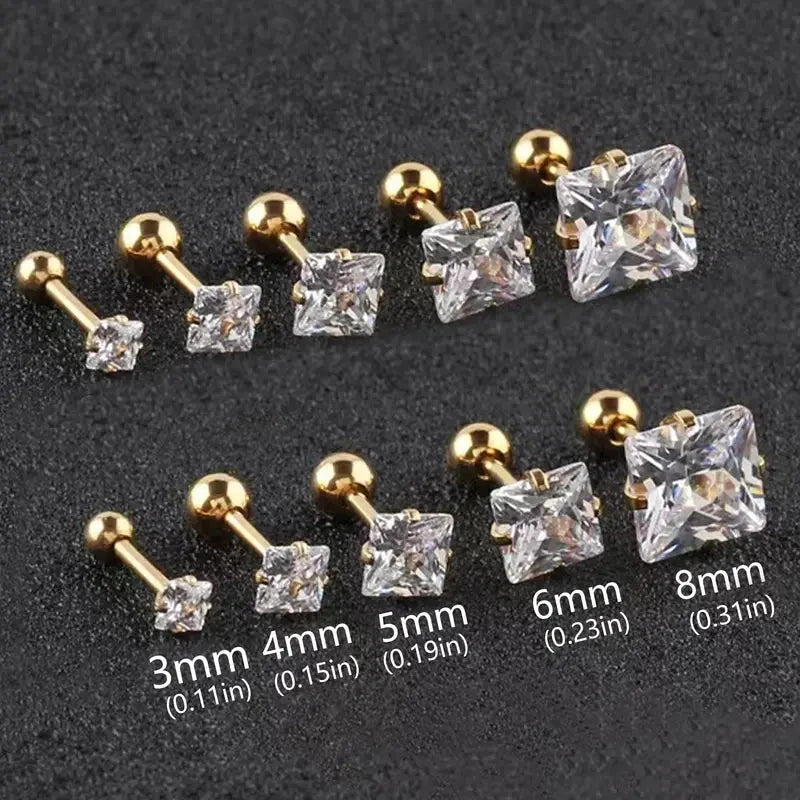 316 Stainless Steel Square Stud Earrings with Cubic Zirconia Accents Earrings Gold 3mm - DailySale