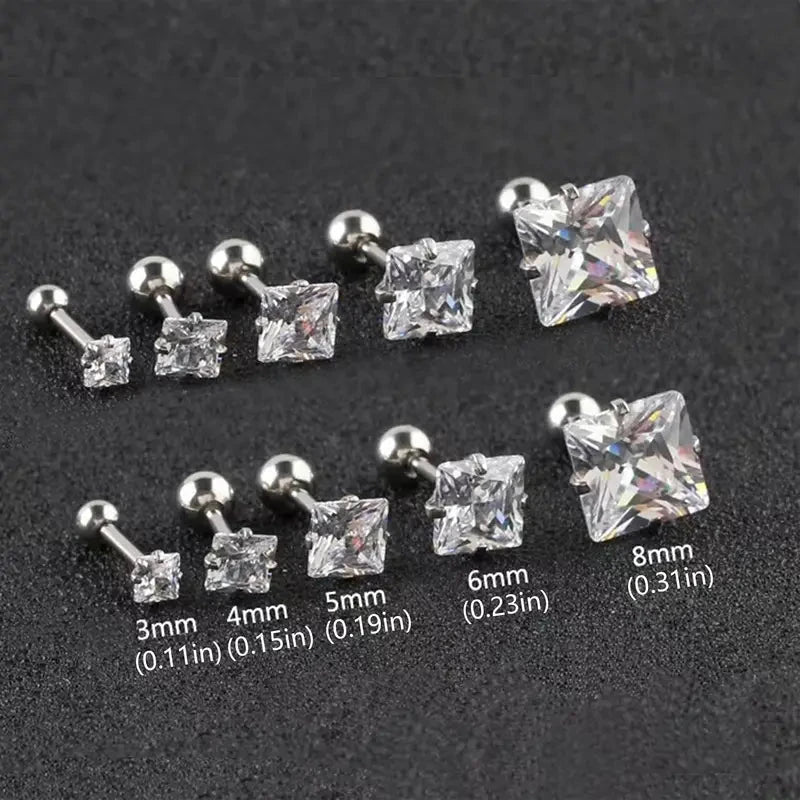 316 Stainless Steel Square Stud Earrings with Cubic Zirconia Accents Earrings Silver 3mm - DailySale