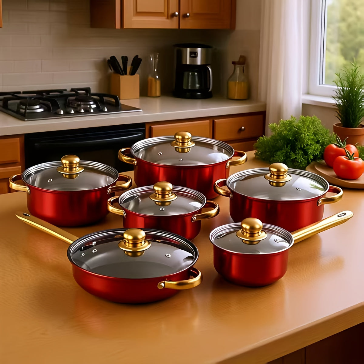 12-piece red cookware set on a kitchen counter: four soup pots, frying pan and saucepan, each with a gold-knobbed glass lid