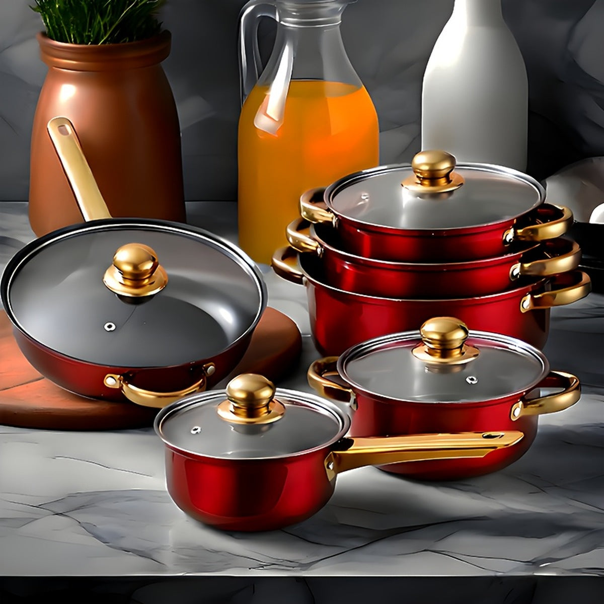 12-piece red stainless steel cookware set with gold-tone handles and tempered glass lids