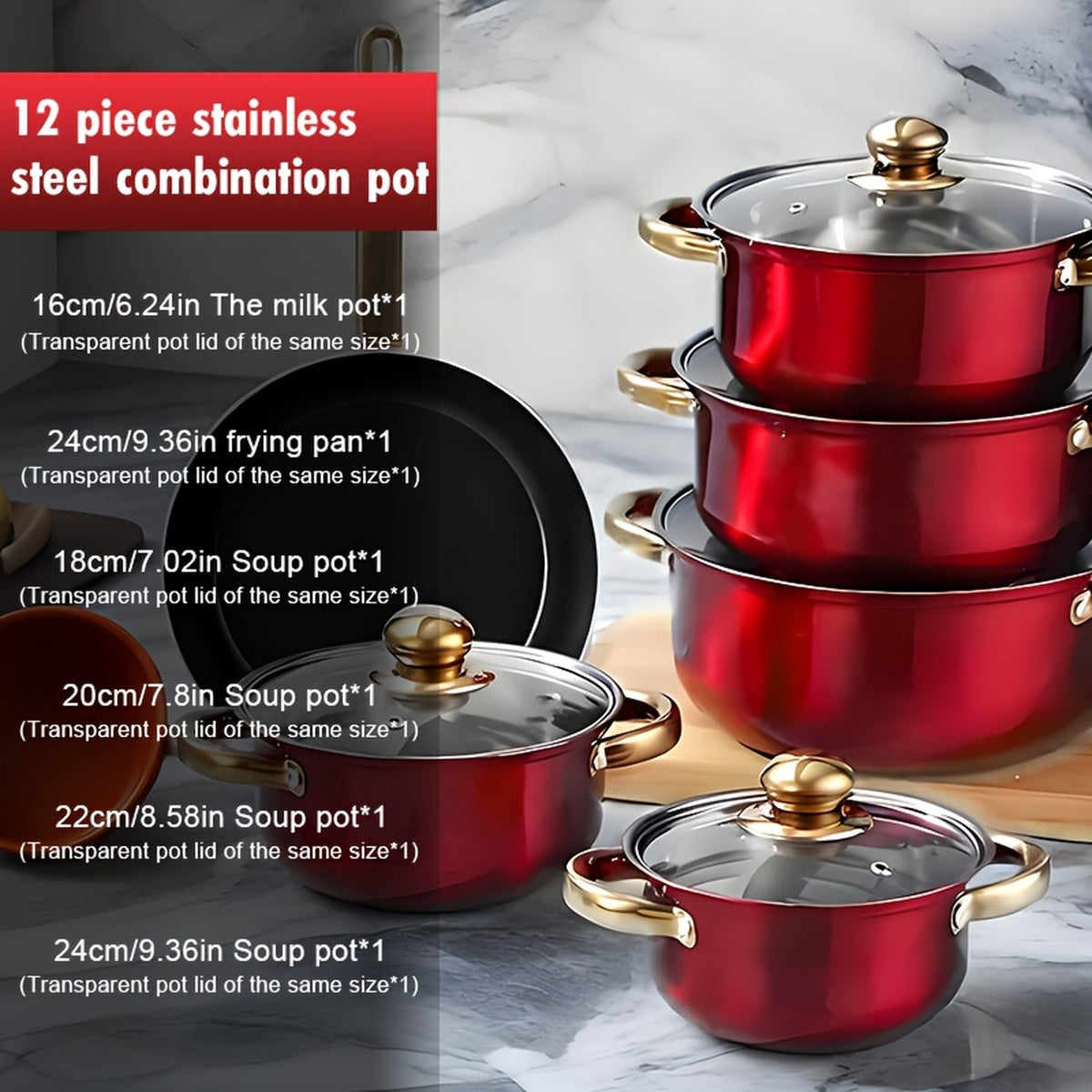 Contents list: 16cm milk pot, 24cm frying pan, 18cm, 20cm, 22cm and 24cm soup pots, each with a matching lid