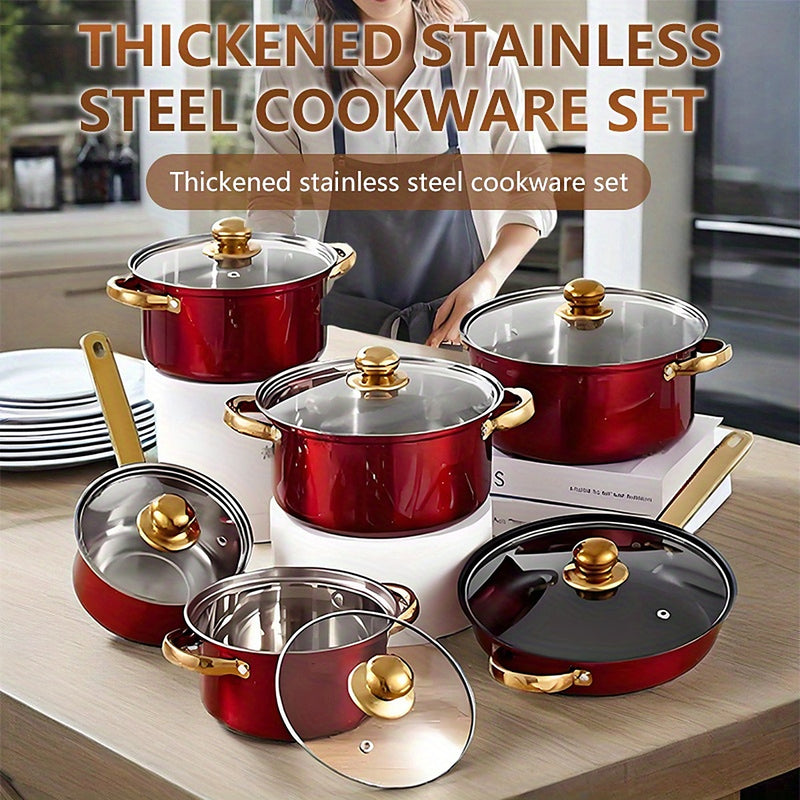 The full red cookware set arranged on a kitchen worktop with the glass lids on
