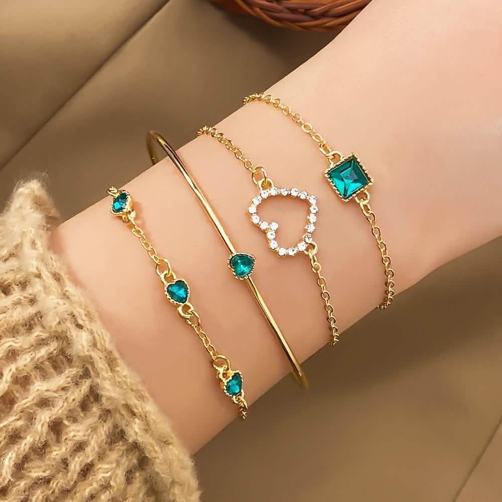 4pcs Rhinestone Alloy Bracelet Set – Minimalist Heart & Square Design
