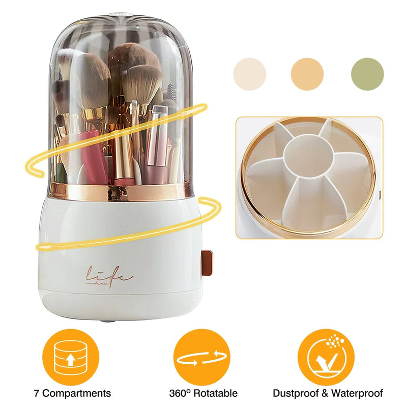 360 Degree Rotating Makeup Brush Holder with Lid Dustproof Clear