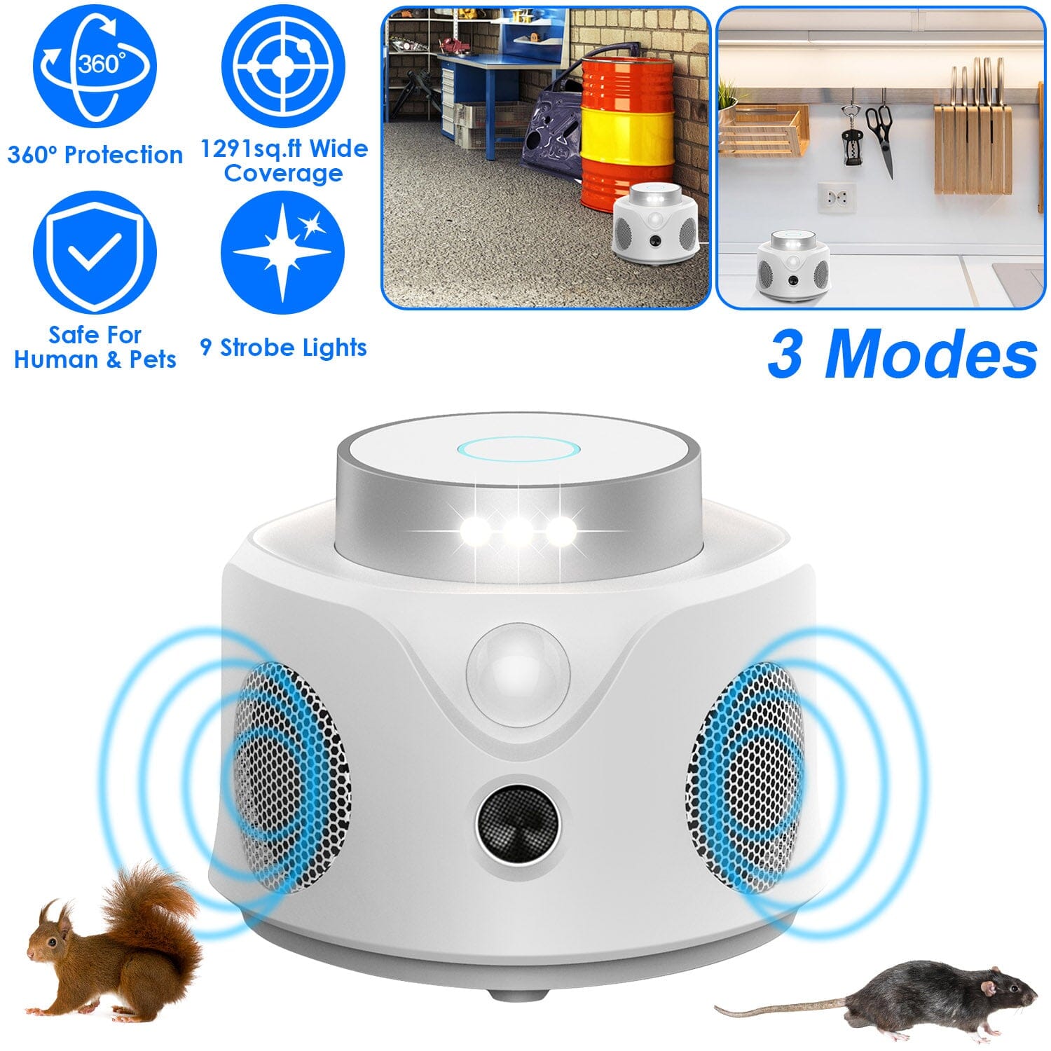 360° Ultrasonic Mice Repellent Indoor with 3 Modes 9 Strobe Lights Pest Control - DailySale