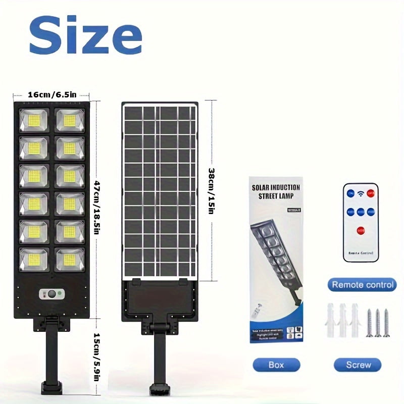 Size guide: 47 cm fixture, 38 cm solar panel, remote control and mounting screws included
