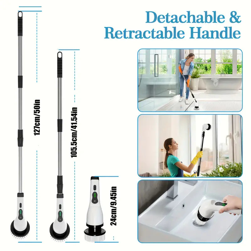 Electric Rotary Scrubber with Replaceable 8 Brush Heads and Adjustable Extension Handle