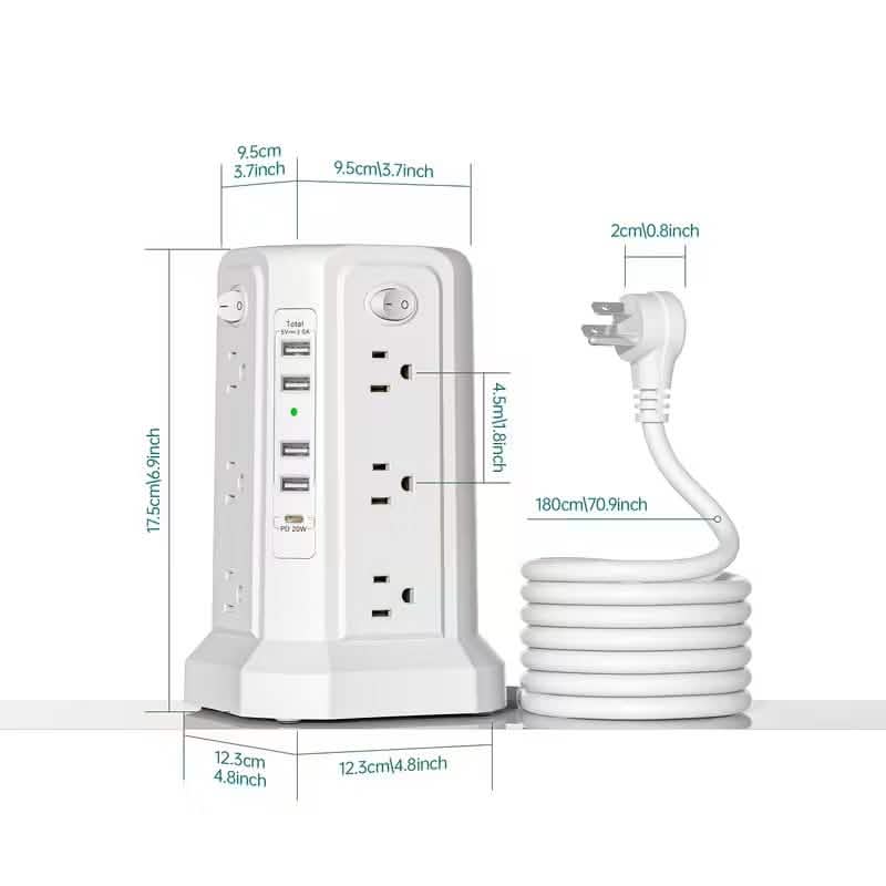 Surge Protector Tower 1800J with 4 USB A Ports, USB C (PD18W) Port, 12 AC Outlets and 10FT Cord