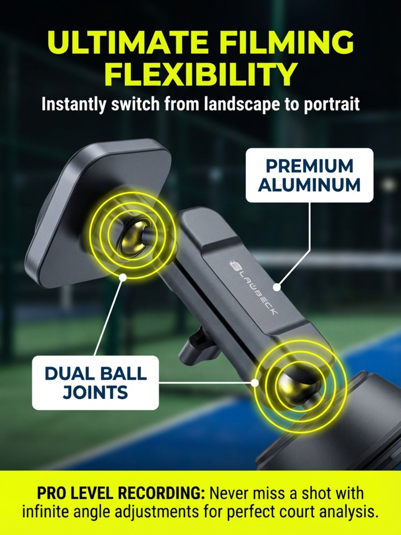 Padel Phone Holder for Glass Courts – MagSafe Compatible with Double Suction Cup & Aluminum Arm