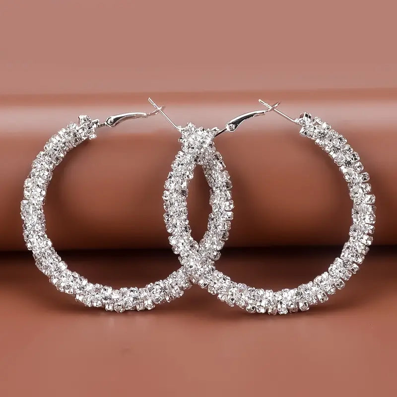 Large Full Rhinestone Silver Plated Hoop Earrings