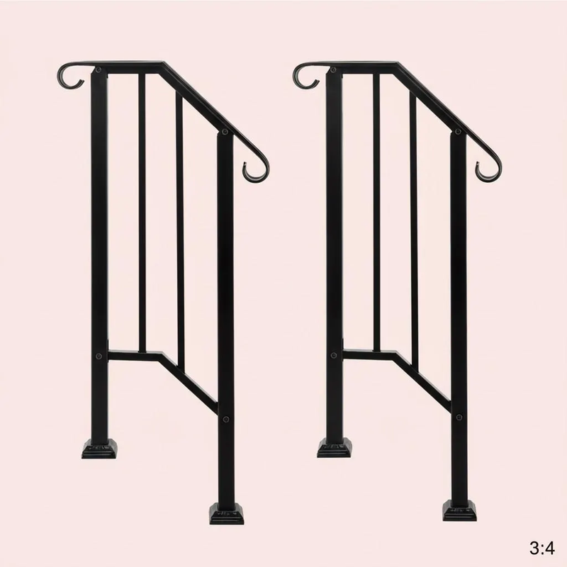Outdoor Stair Handrail for 1–4 Steps, Adjustable Black Steel Railing
