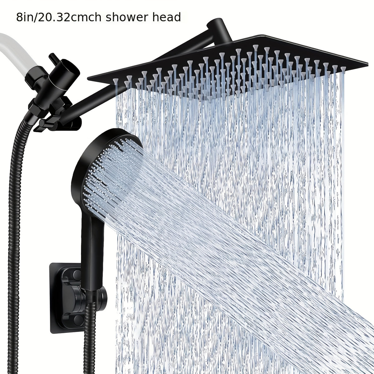 8 inch by 20.32 cm black rainfall shower head with adjustable arm