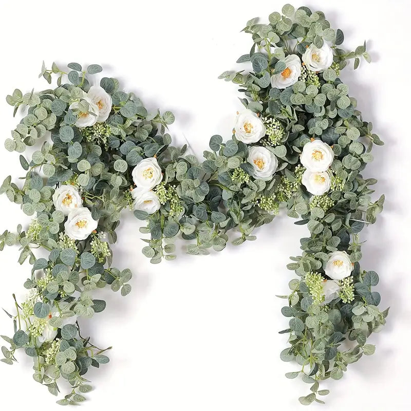 Artificial Eucalyptus Garland With Fake Roses & Gypsophila, Faux Floral Greenery