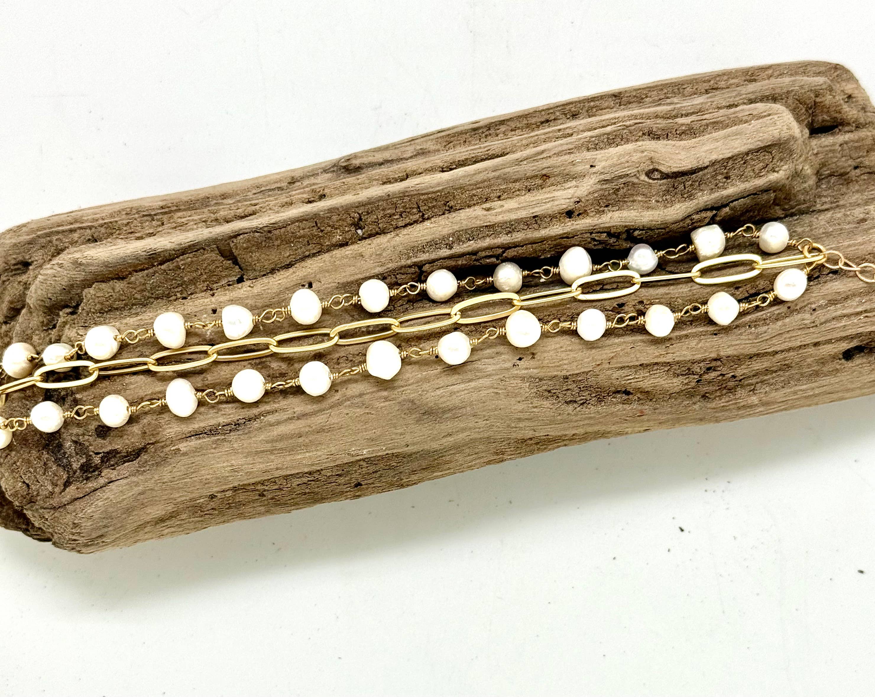 Bracelet Double Strand Freshwater Pearl w/Paper Clip Chain 7”