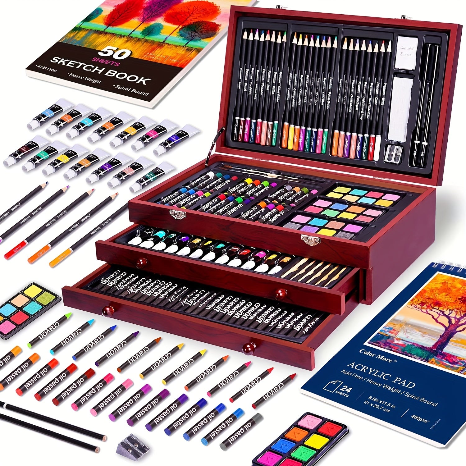 175-Piece Deluxe Art Set – Crayons, Colored Pencils & Acrylic Paints in Wooden Case