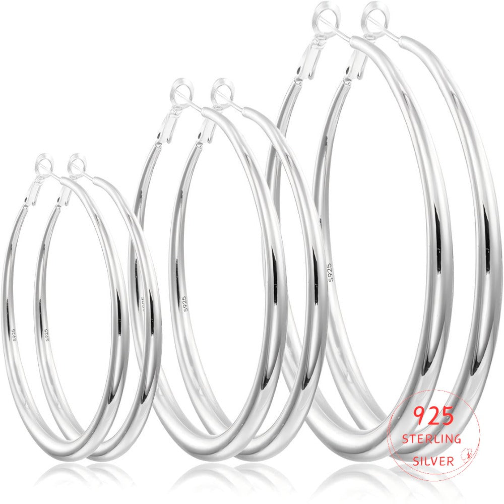 925 sterling silver round hoop earrings in 40mm, 50mm and 60mm