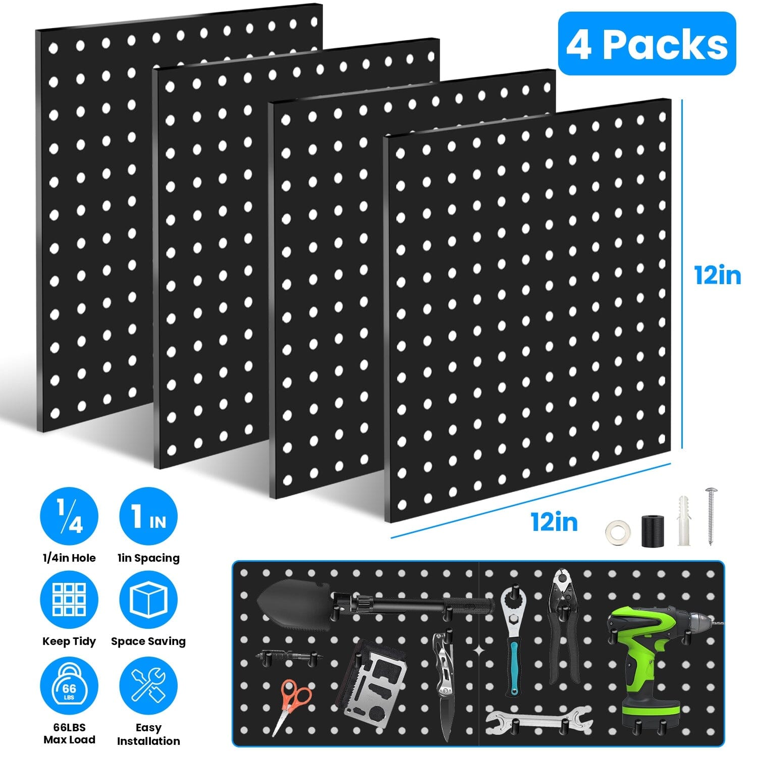 4-Pack: Metal Black Pegboard Wall Organizer with 1" Spacing 1/4" Hole Closet & Storage - DailySale