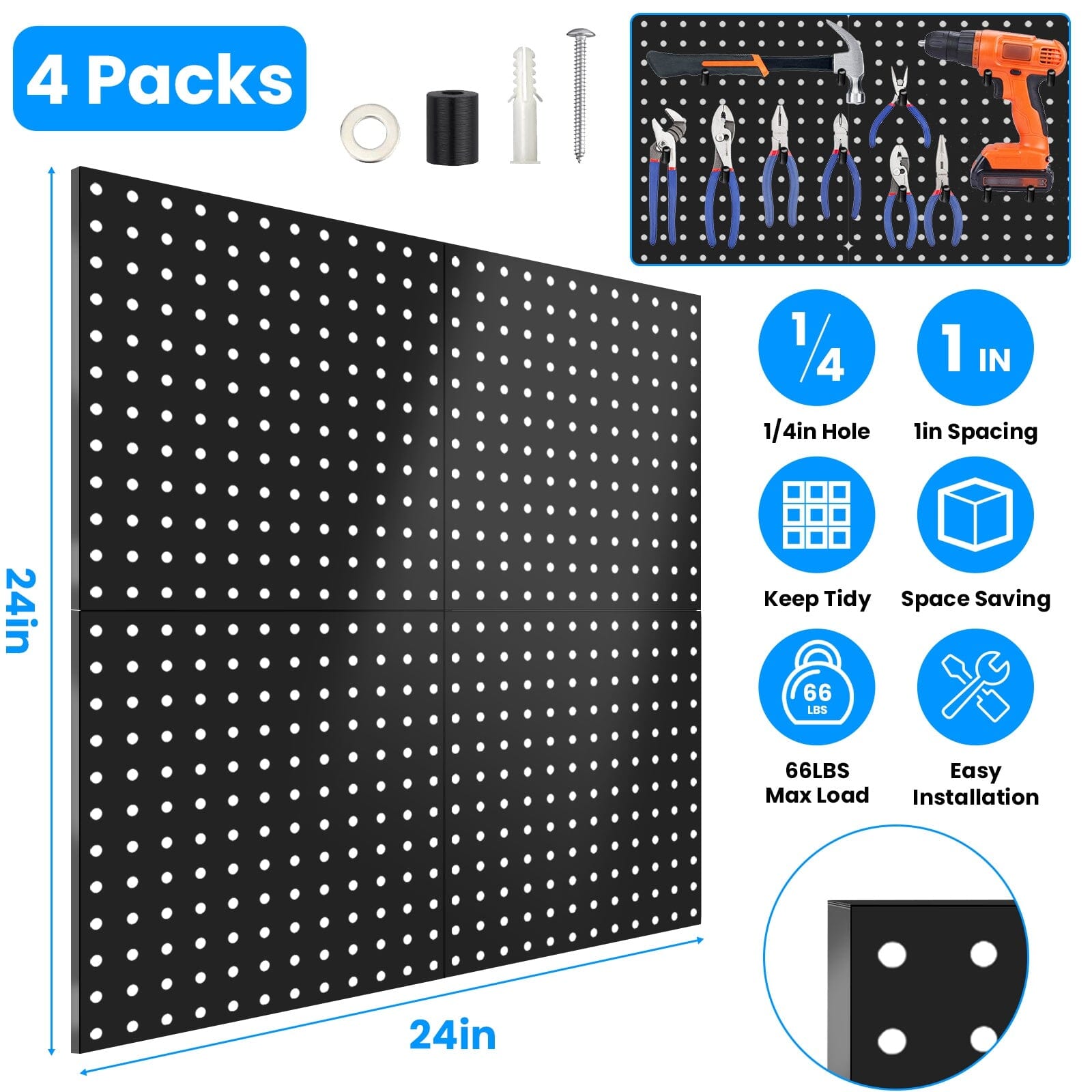 4-Pack: Metal Black Pegboard Wall Organizer with 1" Spacing 1/4" Hole Closet & Storage - DailySale