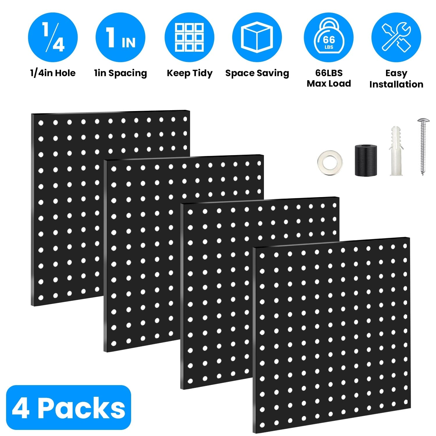 4-Pack: Metal Black Pegboard Wall Organizer with 1" Spacing 1/4" Hole Closet & Storage - DailySale