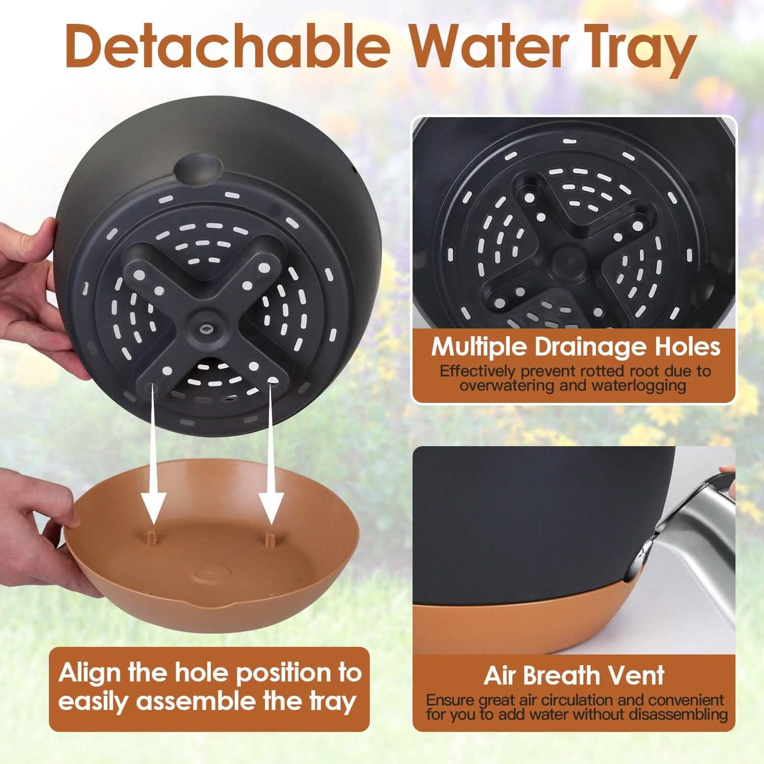 Imountek 4Pcs 9.64In Diameter Hanging Planter with Drainage Holes Removable Self-Watering Tray Plastic Hanging Flower Plant Pots For Indoor Outdoor